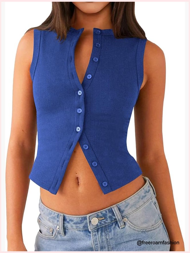 Sleeveless Ribbed Crop Tank Top Y2k Button Down T Shirts